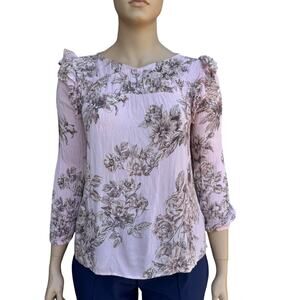 Maurices Women Pink Floral Gauze V-Neck 3/4 Sleeves Ruffled Blouse Size 0X